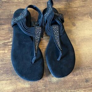 Black Rhinestone Thong Sandals with Elastic Straps - Women